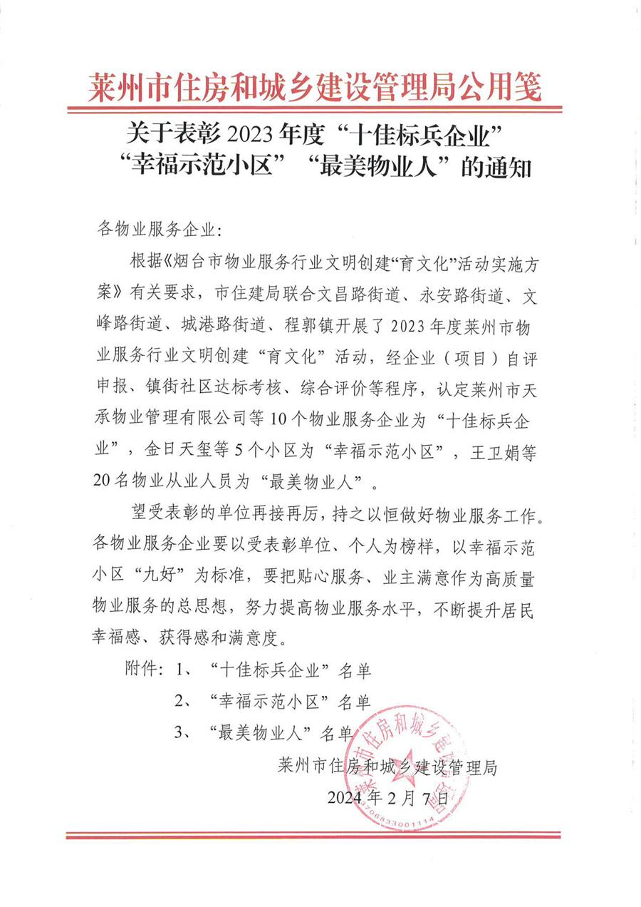 莱州通和物业“十佳标兵企业” 第 1 张